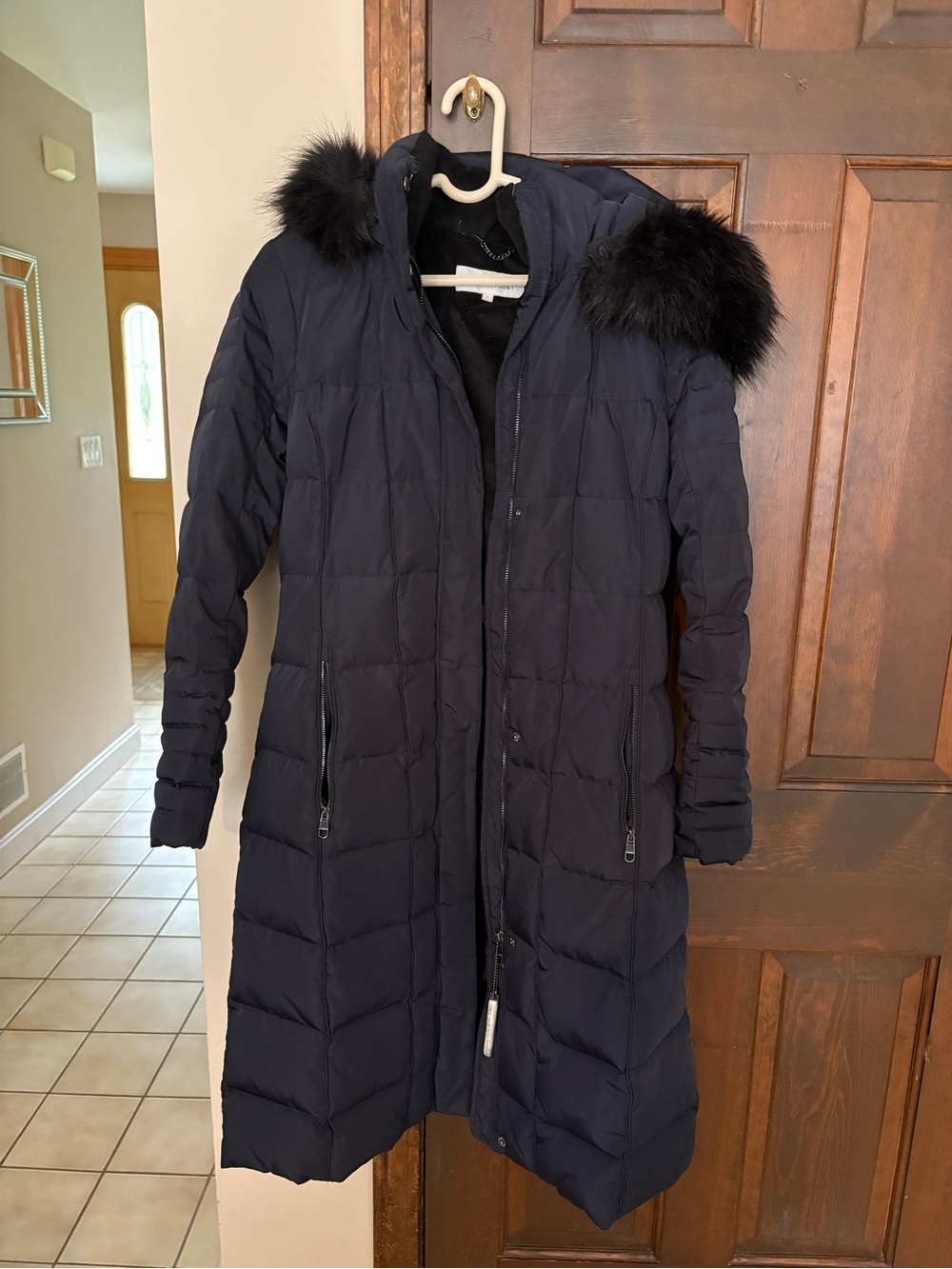 Calvin Klein Black Long Quilted Puffer Coat with Faux Fur Trim